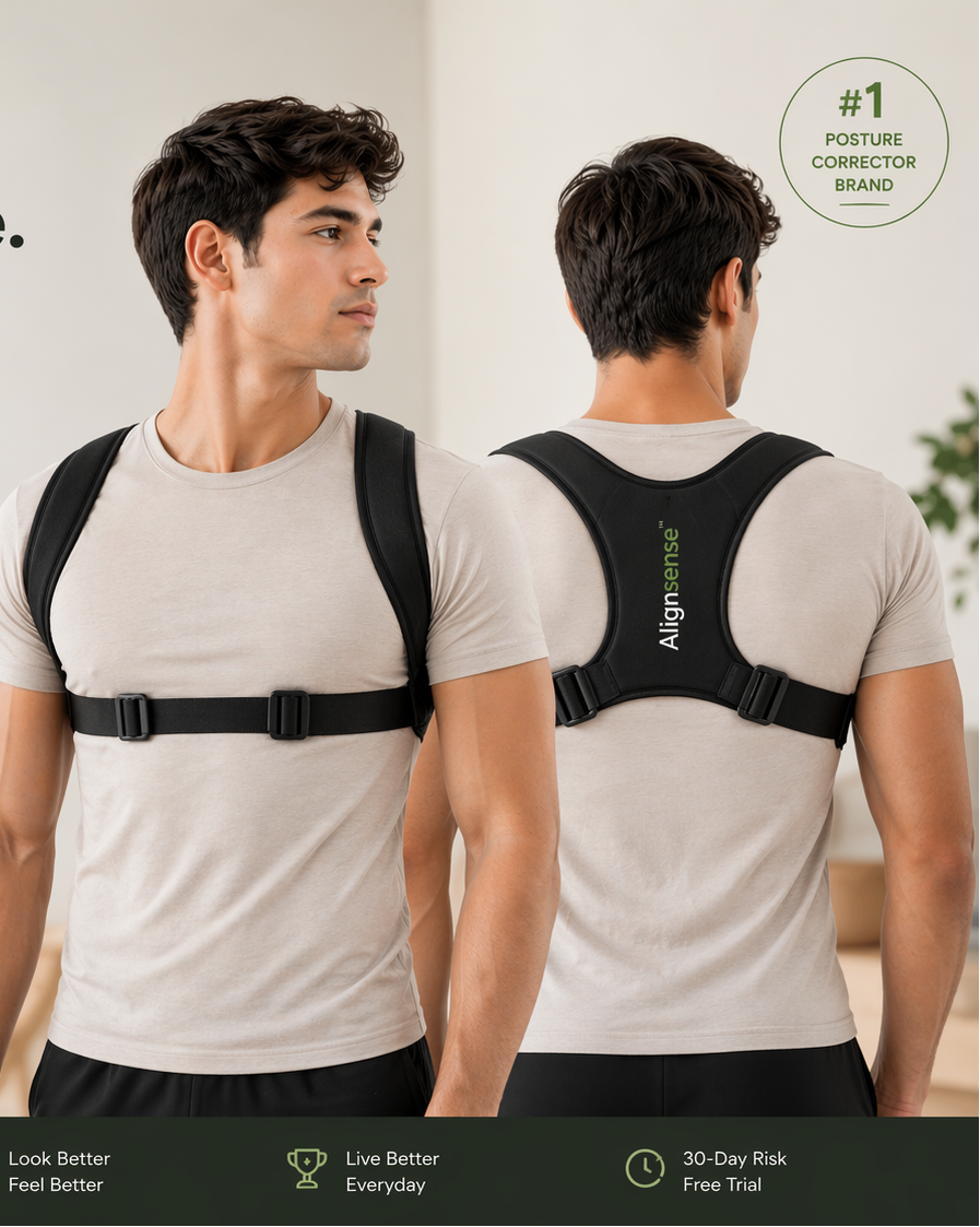Person wearing an Alignsense posture corrector with product details on a light background