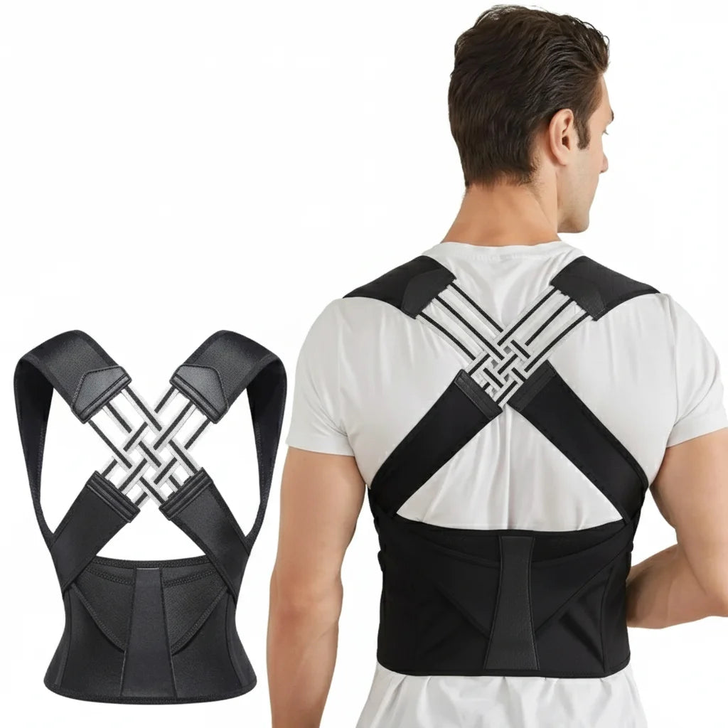 Alignsense Posture Corrector worn by a man, showcasing its ergonomic design for improving posture.
