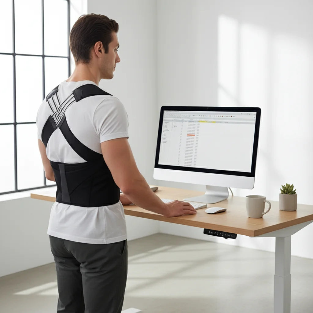 Man using Alignsense Posture Corrector while working at a standing desk, improving posture and comfort.